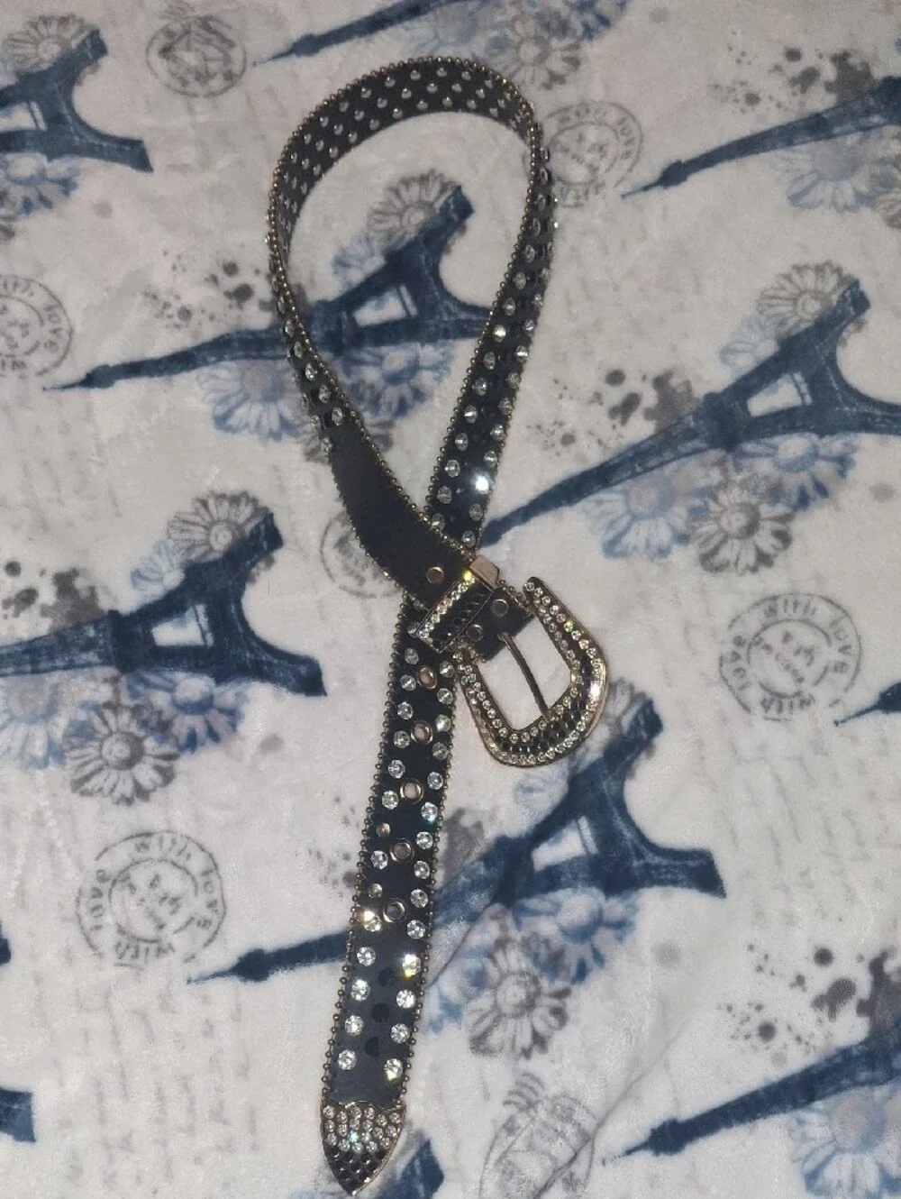 Studded Black Leather Belt with Crystal Accents